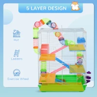 PawHut 5 Tiers Hamster Cage Portable with Exercise Wheels Play Tube Water Bottle Dishes House Ladder for Gerbils, Green(m-8)
