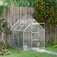 Outsunny 6' x 6' Walk-In Greenhouse, Polycarbonate Greenhouse with Sliding Door, Window, Aluminium Frame, Foundation, Silver
