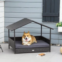 PawHut Wicker Dog House Outdoor with Canopy, Rattan Dog Bed with Water-resistant Cushion, Raised Pet Bed for Small, Medium Breeds up to 66 lbs, 20" in Length, Brown Wicker, Gray Cushion(m-2)