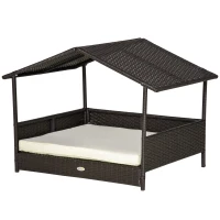 PawHut Wicker Dog House Outdoor with Canopy, Rattan Dog Bed with Water-resistant Cushion, Raised Dog Bed for Small, Medium Dogs up to 66 lbs, 19.75" in Length, Brown Wicker, White Cushion(m-11)