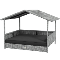 PawHut Wicker Dog House Outdoor with Canopy, Rattan Dog Bed with Water-resistant Cushion, Raised Pet Bed for Small, Medium Breeds up to 66 lbs, 20" in Length, Silver Wicker, Gray Cushion