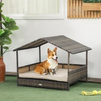 PawHut Wicker Dog House with Removable Cushion Lounge, Khaki(m-2)