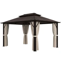 Outsunny 10' x 13' Hardtop Gazebo Canopy with UPF30+ Double Polycarbonate Roof, Aluminum Frame, Netting and Curtains, Beige(m-2)
