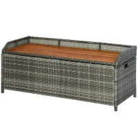 Outsunny Patio Wicker Storage Bench Box, Outdoor Garden PE Rattan Pool Storage Deck Bin Box w/ Natural Wood Top, Lid, Ideal for Storing Tools, Accessories and Toys, Mixed Gray(m-11)