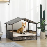 PawHut Wicker Dog House with Removable Cushion Lounge, Khaki(m-10)