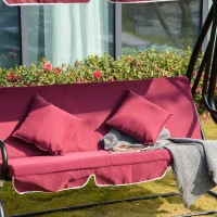 Outsunny 3-Seat Outdoor Patio Swing Chair, Converting Flatbed, Outdoor Swing Glider with Adjustable Canopy, Removable Cushion and Pillows, for Porch, Garden, Poolside, Backyard, Red(m-9)