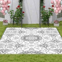 Outsunny Portable Outdoor Rug with Carry Bag, 9' x 12' Reversible Mat, Waterproof Plastic Straw RV Rug for Backyard, Deck, Picnic, Beach, Camping, Gray & White Flower(m-10)