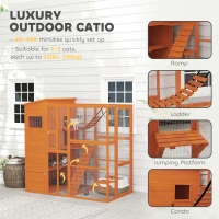 PawHut 76" Catio Outdoor Cat Enclosure with Cat Condo, Jumping Platforms, Ladder, Ramps, Hammock for 2-3 Indoor Cats, Orange(m-4)
