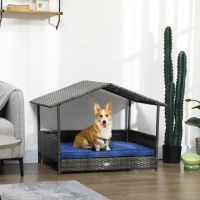 PawHut Wicker Dog House with Removable Cushion Lounge, Dark Blue(m-10)