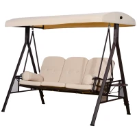 Outsunny 3-Seat Patio Swing Chair, Outdoor Porch Swing Glider with Adjustable Canopy, Removable Cushion, Pillows and Side Trays, for Garden, Poolside, Backyard, Beige(m-11)