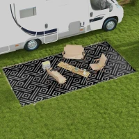 Outsunny Reversible Outdoor Rug Waterproof Plastic Straw RV Rug with Carry Bag, 9' x 18', Black and Grey Geometric(m-8)
