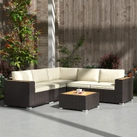 Outsunny 6 Pieces Outdoor Rattan Patio Furniture Set with Corner Sofa, Wood-Plastic Coffee Table, Light Khaki(m-10)