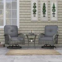 Outsunny Wicker Balcony Furniture with 2 Swivel Rocking Chairs and 2-Tier Glass Coffee Table, 3 Piece Patio Set for Porch, Grey(m-10)
