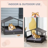 PawHut Wicker Dog House Outdoor with Canopy, Rattan Dog Bed with Water-resistant Cushion, Raised Pet Bed for Small, Medium Breeds up to 66 lbs, 20" in Length, Brown Wicker, Gray Cushion(m-4)