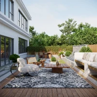 Outsunny Portable Outdoor Rug with Carry Bag, 9' x 18' Reversible Mat, Waterproof Plastic Straw RV Rug for Backyard, Deck, Picnic, Beach, Camping, Gray & White Flower(m-8)