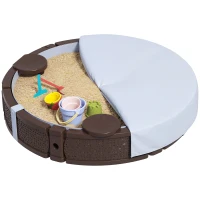 Qaba 47" Round Kids Sandbox with Cover, 3 Seats, Waterproof Bottom Liner, for Backyard, Lawn, Garden, Beach, Patio, Brown(m-1)