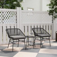 Outsunny 3 Piece Bistro Set, Wicker Outdoor Patio Furniture Set with Glass Top Table, Cushions for Balcony, Porch, Black(m-1)