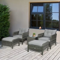 Outsunny 5 Pieces Wicker Patio Furniture Sofa Set Thick Padded Cushions, Outdoor PE Rattan Conversation Coffee Set with Armchairs, Footstools and Glass Top Table, Light Grey(m-8)