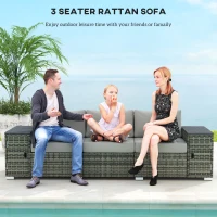Outsunny 3 Seater Wicker Outdoor Couch Patio Sofa with Storage, Thickened Cushions and Wide Armrests for Porch Yard, Gray(m-4)