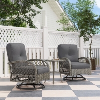 Outsunny Wicker Balcony Furniture with 2 Swivel Rocking Chairs and 2-Tier Glass Coffee Table, 3 Piece Patio Set for Porch, Grey