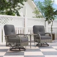 Outsunny Wicker Balcony Furniture with 2 Swivel Rocking Chairs and 2-Tier Glass Coffee Table, 3 Piece Patio Set for Porch, Grey(m-1)