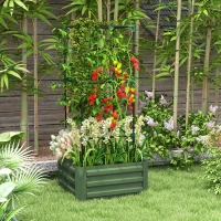 Outsunny Galvanized Planter Box, Outdoor Raised Garden Bed with 3-Tier Trellis Tomato Cage for Climbing Vines, Vegetables, Green(m-8)