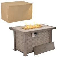 Outsunny Propane Fire Pit Table, 30,000 BTU 42" Wicker-Effect Gas Fire Table, Auto-Ignition Rectangular Outdoor Firepit with Lid, Ceramic Tabletop, Lava Rocks and Rain Cover, CSA Certification, Gray(m-1)