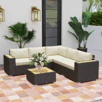 Outsunny 6 Pieces Outdoor Rattan Patio Furniture Set with Corner Sofa, Wood-Plastic Coffee Table, Light Khaki(m-1)