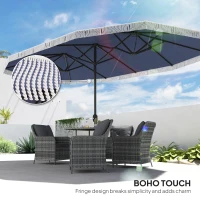 Outsunny 15ft Rectangle Patio Umbrella UPF30+ Extra Large Outdoor Umbrella with Fringe and Crank Handle, Dark Blue(m-7)
