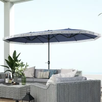 Outsunny 15ft Rectangle Patio Umbrella UPF30+ Extra Large Outdoor Umbrella with Fringe and Crank Handle, Dark Blue(m-2)