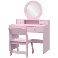 Qaba Kids Vanity Set, Children Makeup Table with Mirror, Stool and Storage Drawers, for Ages 3-8, Pink(m-2)