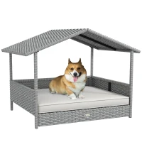 PawHut Wicker Dog House Outdoor with Canopy, Rattan Dog Bed with Water-resistant Cushion, Raised Pet Bed for Small, Medium Breeds up to 66 lbs, 20" in Length, Silver Wicker, White Cushion(m-11)