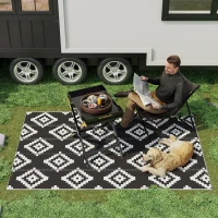 Outsunny Reversible Outdoor RV Rug, Patio Floor Mat, 6' x 9' Plastic Straw Rug for Backyard, Deck, Beach, Camping, Black & White(m-1)
