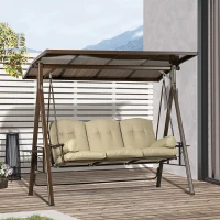 Outsunny 3-Seat Patio Swing Chair, Outdoor Canopy Swing Glider with Cushion, Pillows and Adjustable Polycarbonate Canopy for Porch, Garden, Poolside, Backyard, Khaki(m-8)
