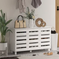 HOMCOM Shoe Cabinet with 3 Slatted Doors, 3-tier Shelving Rack Cabinet with Adjustable Shelves for 15 Pairs of Shoes, White(m-1)
