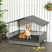 PawHut Outdoor Dog Bed with Canopy, Rattan Dog Bed with Soft Cushion Removable Cover for Medium and Large Dogs, Charcoal Gray(m-2)
