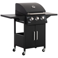 Outsunny Outdoor 3 Burner Gas Grill Portable Barbecue w/ Wheels, Warming Rack, Shelves, Cabinet, Thermometer, Black