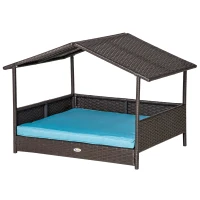 PawHut Wicker Dog House Outdoor with Canopy, Rattan Dog Bed with Water-resistant Cushion, Raised Pet Bed for Small, Medium Breeds up to 66 lbs, 20" in Length, Brown Wicker, Blue Cushion(m-11)