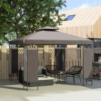 Outsunny 10 x 10 FT Canopy Gazebo, Double Roof Patio Gazebo with Screen Panels and Metal Frame for Deck, Backyard, Khaki(m-1)