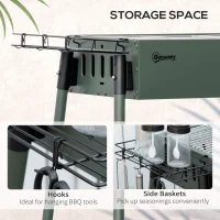 Outsunny Portable BBQ Grill, Charcoal Grill with Side Seasoning Baskets, Hooks and Nets for Outdoor, Picnic, Camping, Dark Green(m-6)