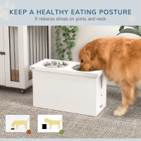PawHut Elevated Dog Bowls with Slow Feeder Mat, Storage Cabinet, 3 Stainless Steel Bowls for Large & Extra Large Dogs, White(m-6)