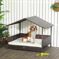 PawHut Outdoor Dog Bed with Canopy, Rattan Dog Bed with Soft Cushion Removable Cover for Medium and Large Dogs, Cream White(m-2)