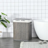 HOMCOM Bamboo Laundry Basket with Lid and String Handles, Collapsible Laundry Hamper with 2 Removable Bags, Gray(m-2)