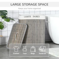 HOMCOM Bamboo Laundry Basket with Lid and String Handles, Collapsible Laundry Hamper with 2 Removable Bags, Gray(m-4)