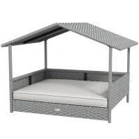 PawHut Wicker Dog House Outdoor with Canopy, Rattan Dog Bed with Water-resistant Cushion, Raised Pet Bed for Small, Medium Breeds up to 66 lbs, 20" in Length, Silver Wicker, White Cushion(m-1)
