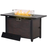 Outsunny 43 Inch Outdoor Propane Gas Fire Pit Table, 50,000 BTU Auto-Ignition Rectangular Wicker-effect Gas Firepit with Glass Wind Guard, Lid, Glass Beads, Steel Base, CSA Certification, Bronze(m-11)