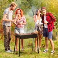 Outsunny Portable BBQ Grill, Charcoal Grill with Side Seasoning Baskets, Hooks and Nets for Outdoor, Picnic, Camping, Black