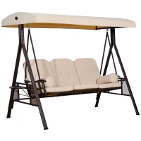 Outsunny 3-Seat Patio Swing Chair, Outdoor Porch Swing Glider with Adjustable Canopy, Removable Cushion, Pillows and Side Trays, for Garden, Poolside, Backyard, Beige(m-1)