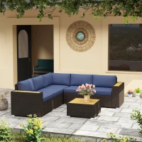 Outsunny 6 Pieces Outdoor Rattan Patio Furniture Set with Corner Sofa, Wood-Plastic Coffee Table, Navy Blue(m-8)