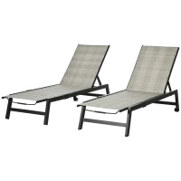 Outsunny 2 Pieces Patio Lounger Chair Set, Outdoor Aluminum Frame PE Rattan Wicker Sun Lounger Set w/ 5-Position Backrest and Wheels for Sun Room, Garden, Poolside, Light Grey(m-11)